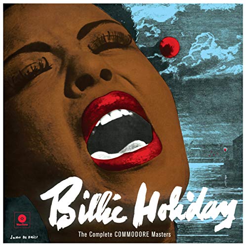 Close-up illustration of Billie Holiday singing against a dark blue night sky background.