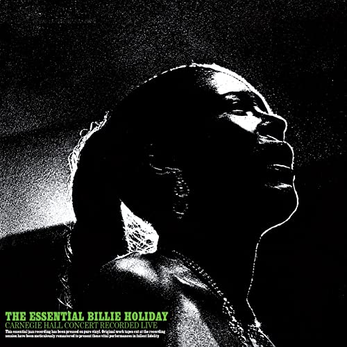 Black and white portrait of Billie Holiday, album cover for live concert recording.