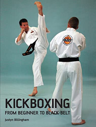 Two martial artists in white uniforms perform a high kick on a blue background.