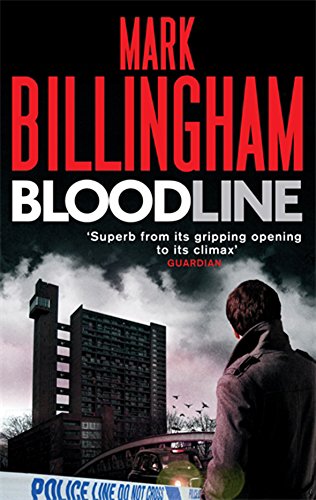 Book cover for Bloodline by Mark Billingham showing a man looking at a building.