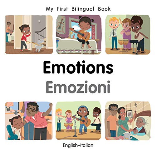 Bilingual children’s book cover depicting diverse kids expressing emotions.