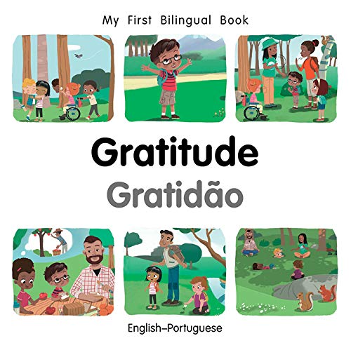 Book cover with illustrated children and families, titled "Gratitude/Gratidão".