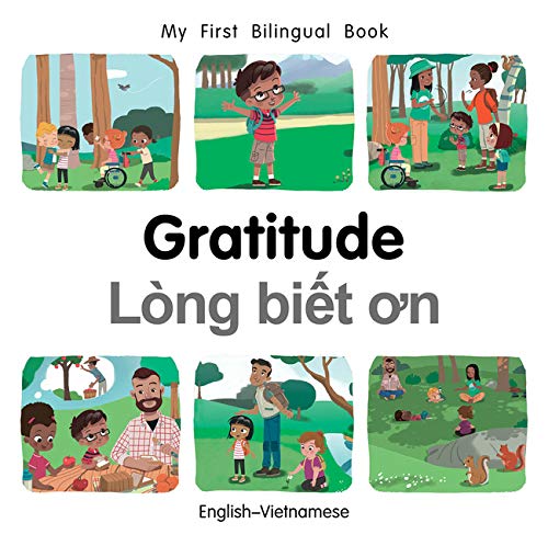 Bilingual children’s book cover depicting diverse families in nature, themed around gratitude.