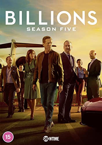Billions" Season 5 DVD cover featuring cast members walking towards a private jet.