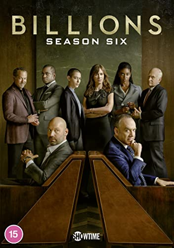 "Billions Season 6 DVD cover featuring a group of formally dressed characters."