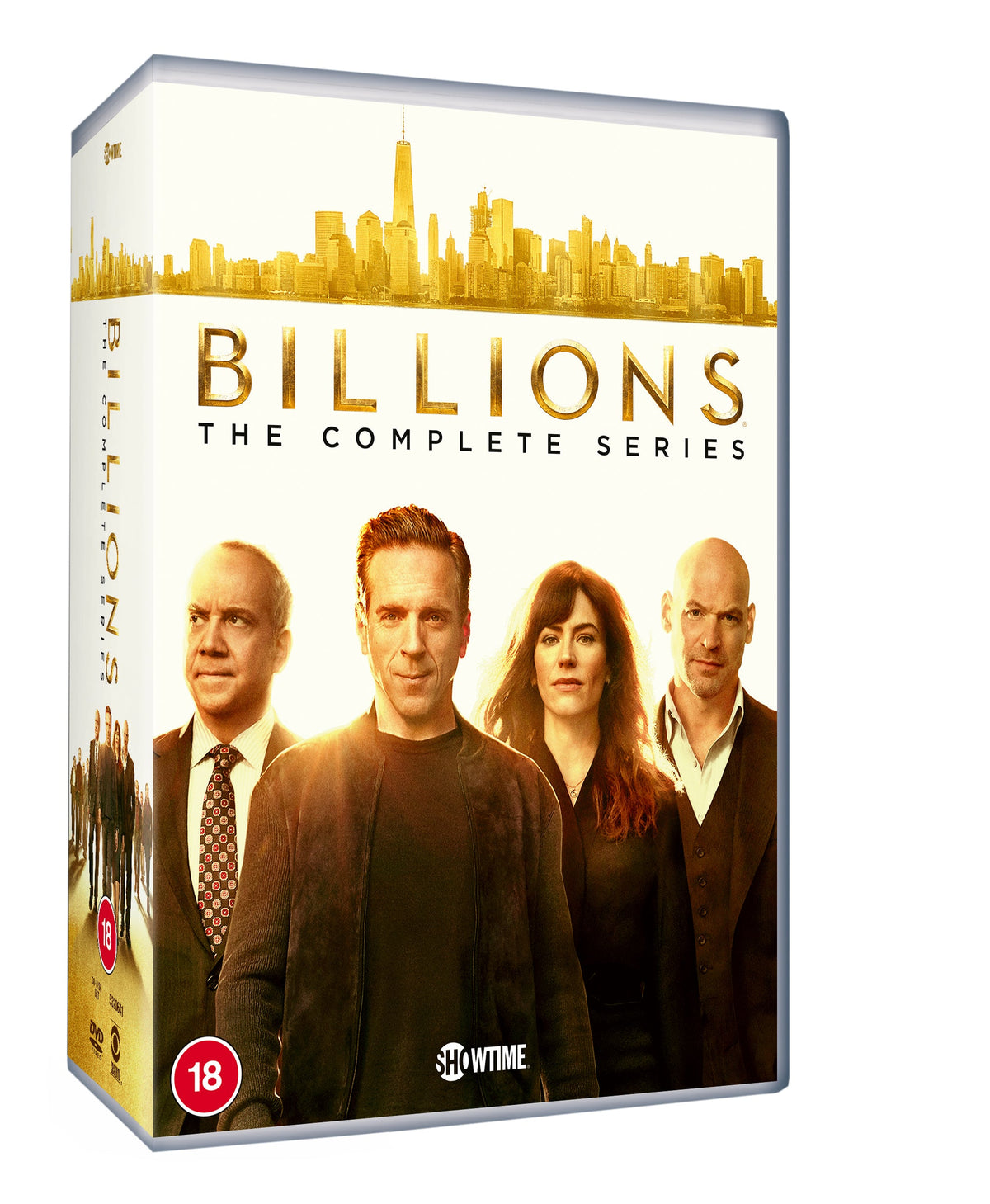 Billions" complete series DVD cover with cast photos and city skyline.