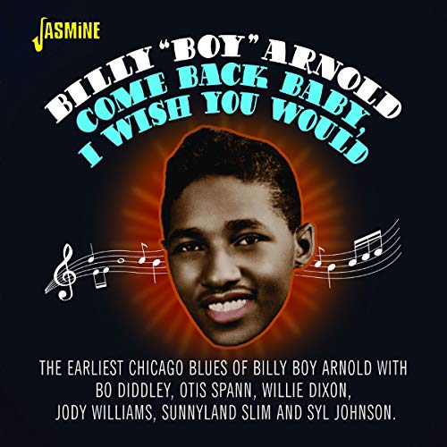 "CD cover with Billy Boy Arnold's portrait and musical notes on a black background."