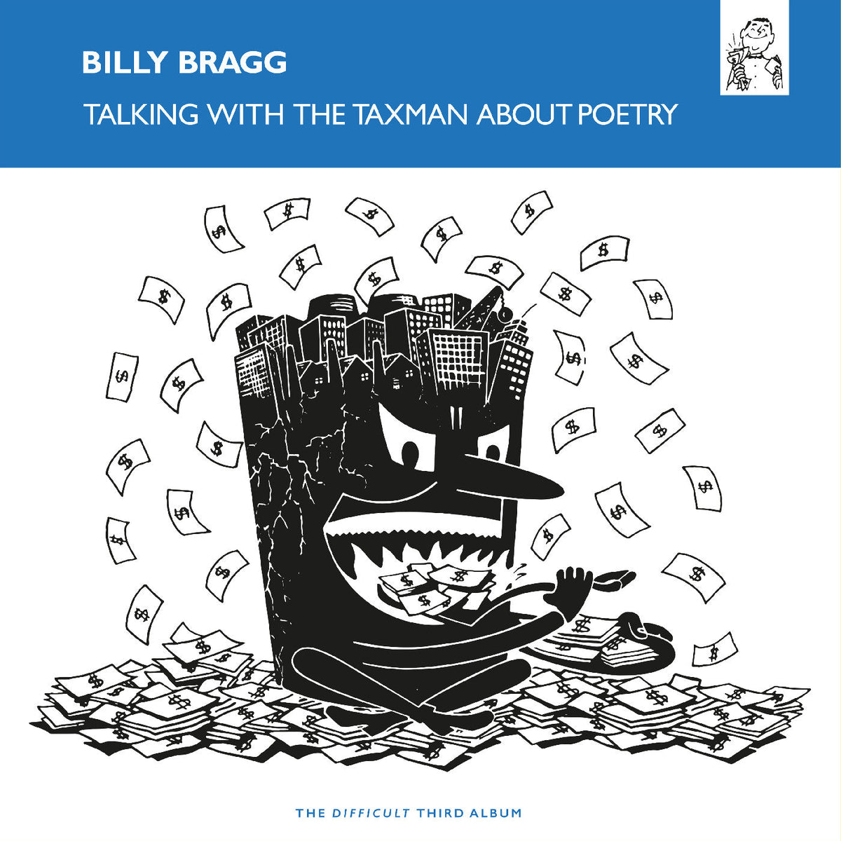 Billy Bragg album cover: black and white illustration with money and city.