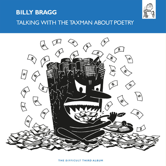 Billy Bragg album cover: black and white illustration with money and city.