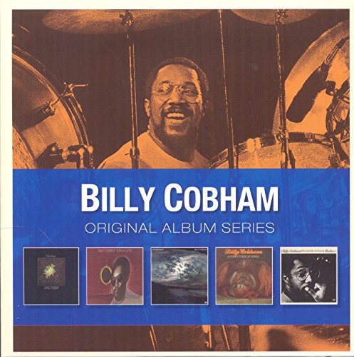 Billy Cobham CD box set with five album covers and drummer image in background.