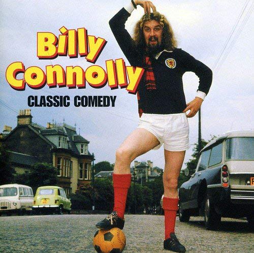 Billy Connolly in football kit balancing a ball, album cover.