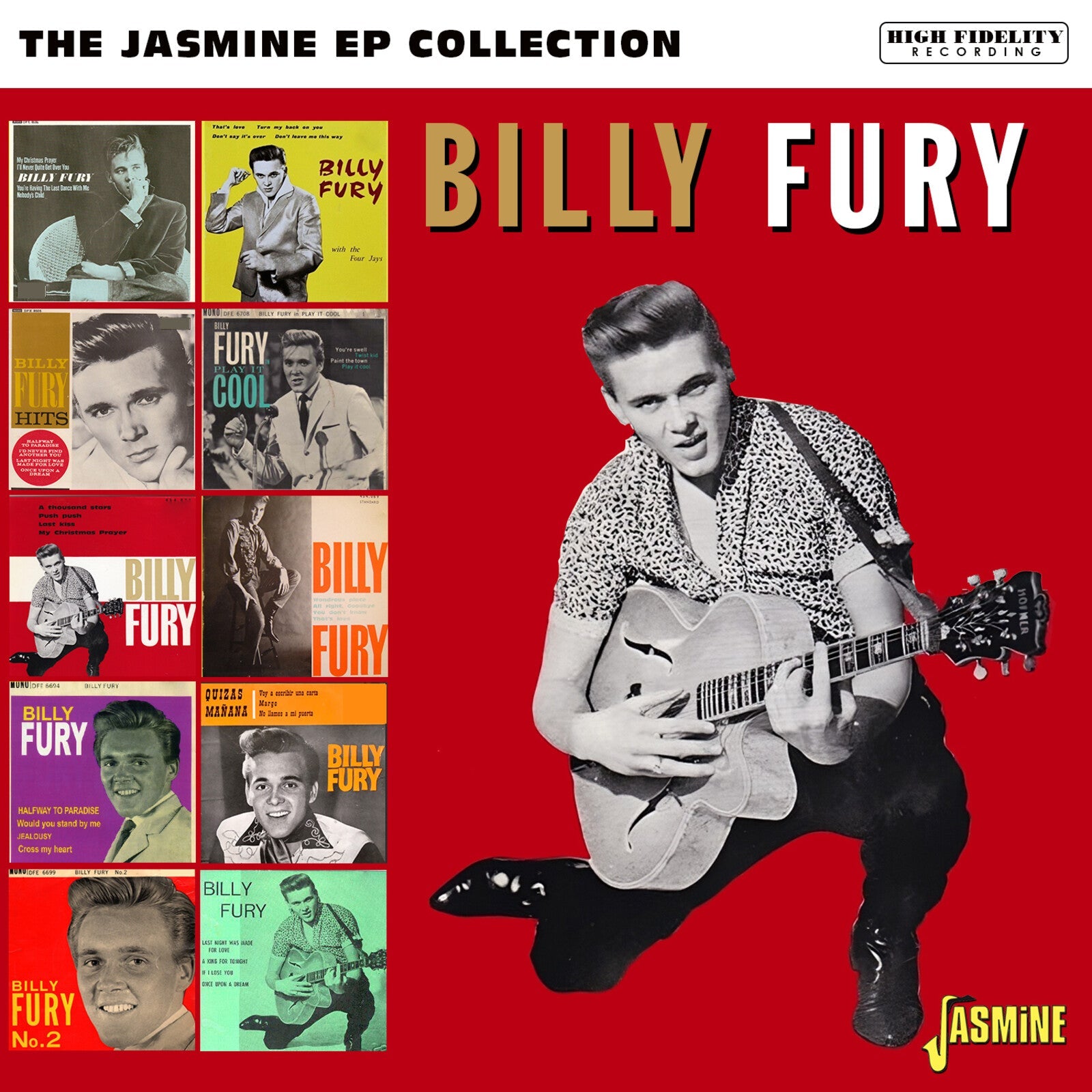Billy Fury playing guitar against a red background with a collage of EP covers.