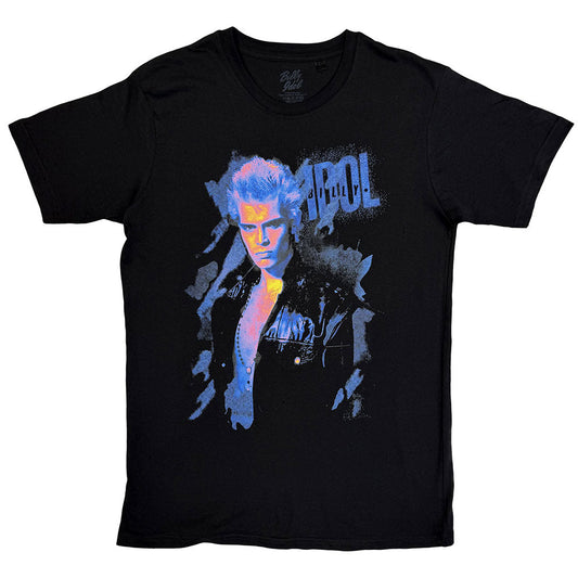 Black t-shirt featuring a blue and yellow graphic of Billy Idol in profile.