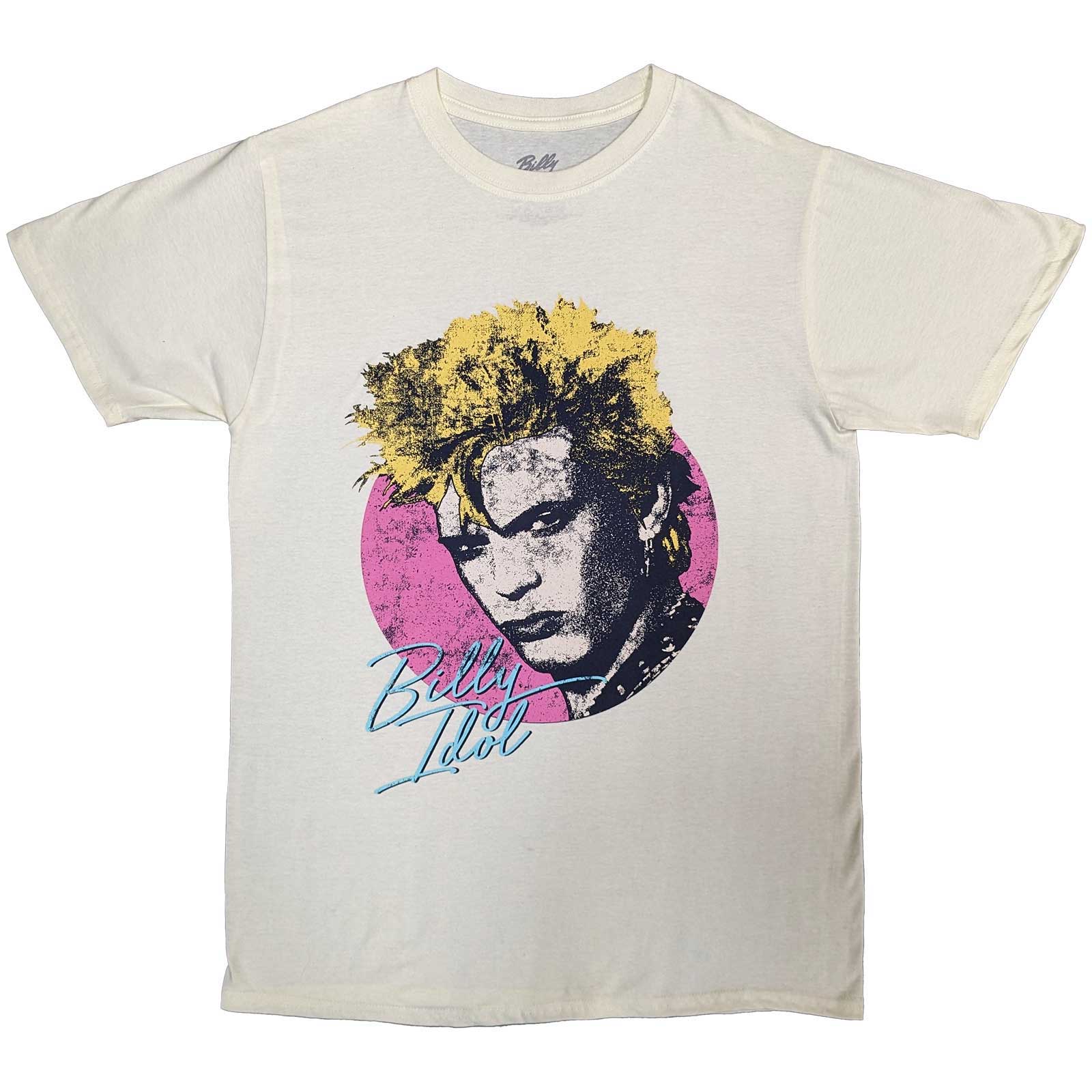 Black t-shirt with large circular illustration of Billy Idol’s face.