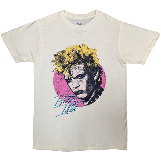 Black t-shirt with large circular illustration of Billy Idol’s face.