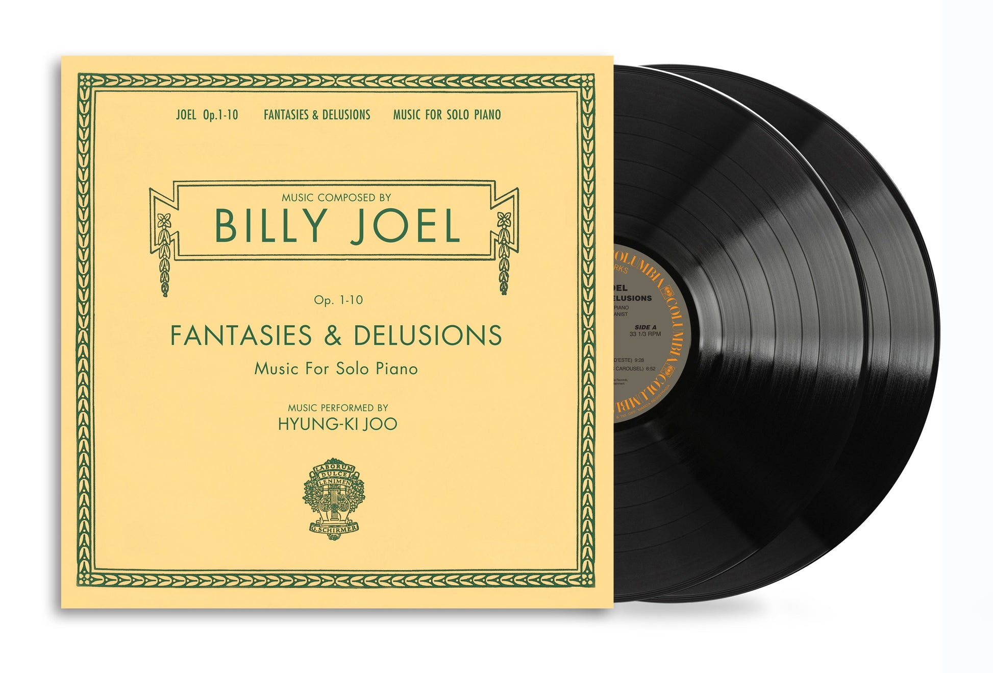 Billy Joel's "Fantasies & Delusions" vinyl record with yellow border.
