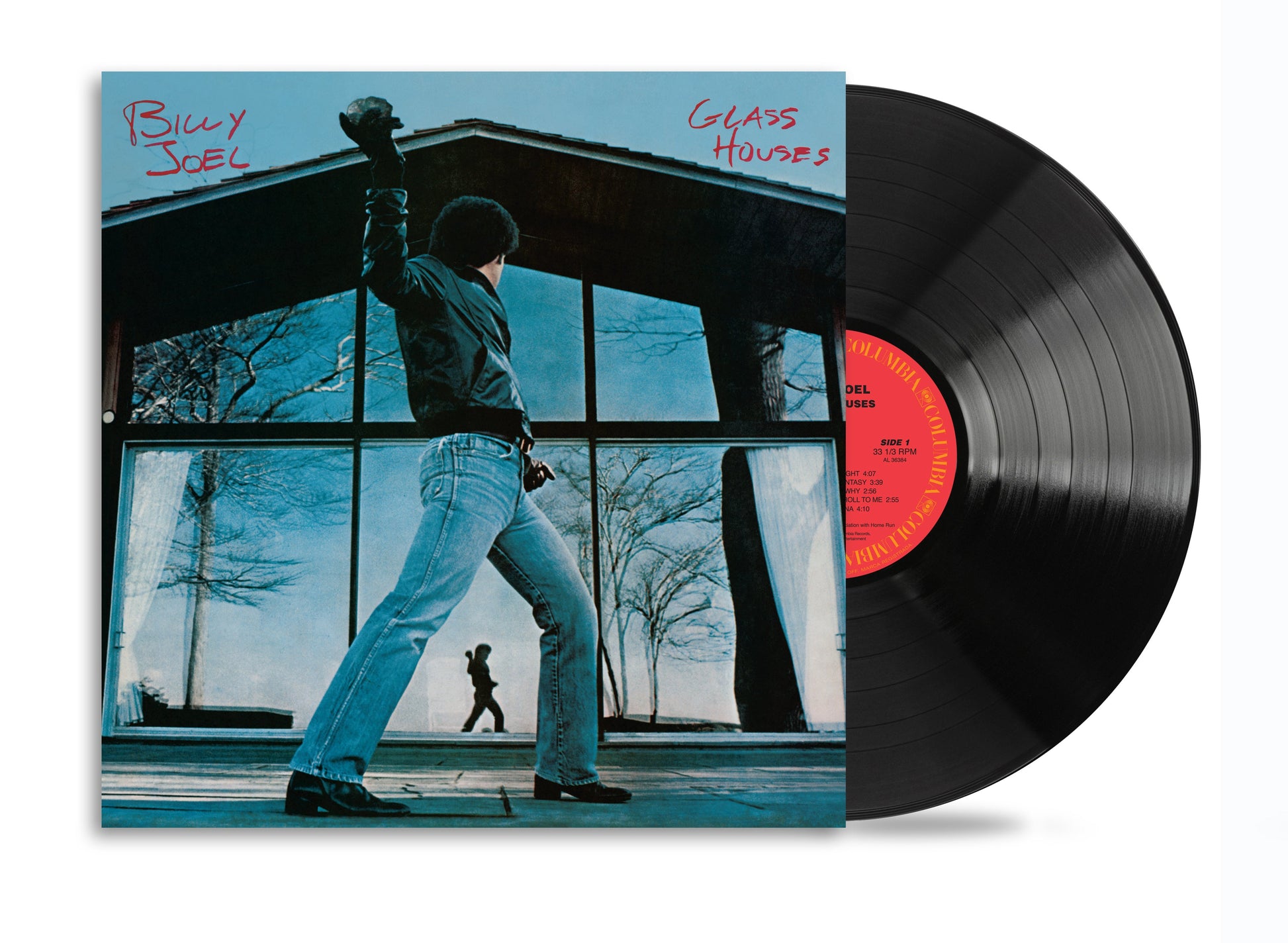 Billy Joel Glass Houses vinyl record album cover and black vinyl disc.
