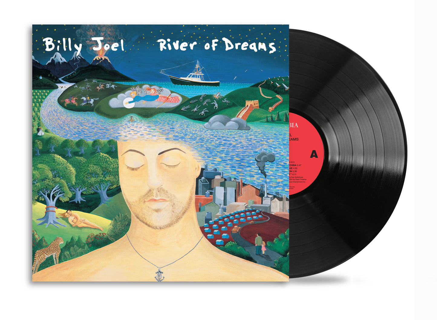 Billy Joel’s “River of Dreams” vinyl record with colorful, surreal album art.