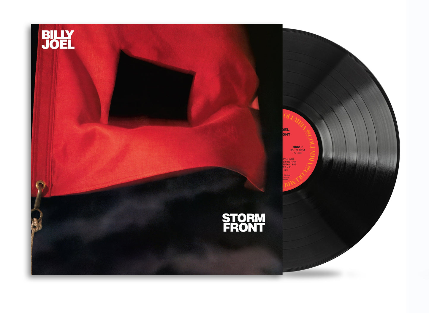 Billy Joel’s “Storm Front” vinyl record with a red cover and black splash.