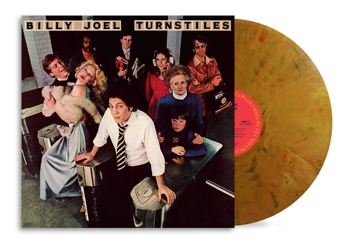 Billy Joel’s “Turnstiles” album cover and gold-colored vinyl record.