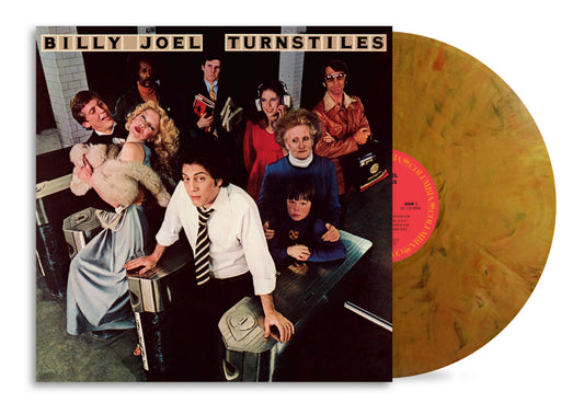 Billy Joel’s “Turnstiles” album cover and gold-colored vinyl record.
