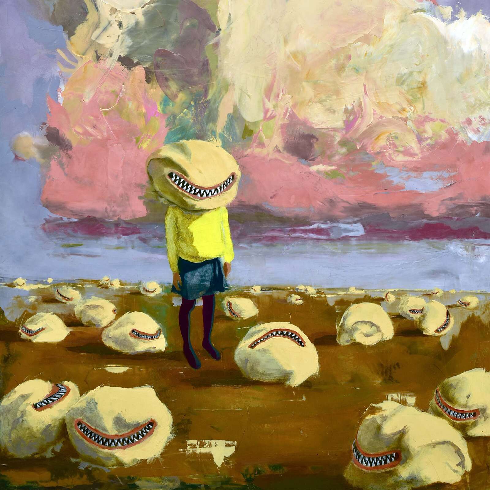 A figure with a toothy, round head stands in a field of similar severed heads.