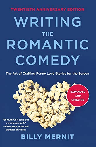 Book cover: “Writing The Romantic Comedy” with popcorn heart illustration.