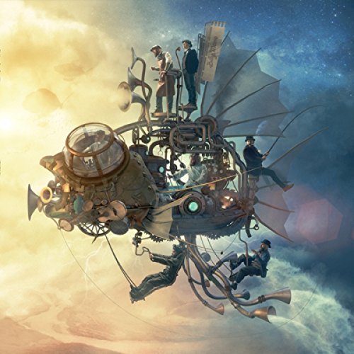Steampunk-style airship with figures, set against a cloudy, starry sky.