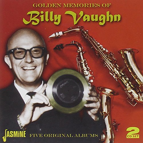 "Album cover featuring Billy Vaughn holding a record with saxophones on a red background."