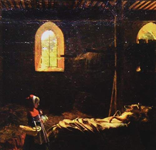 Dark painting of a figure reclining near a window and another standing.