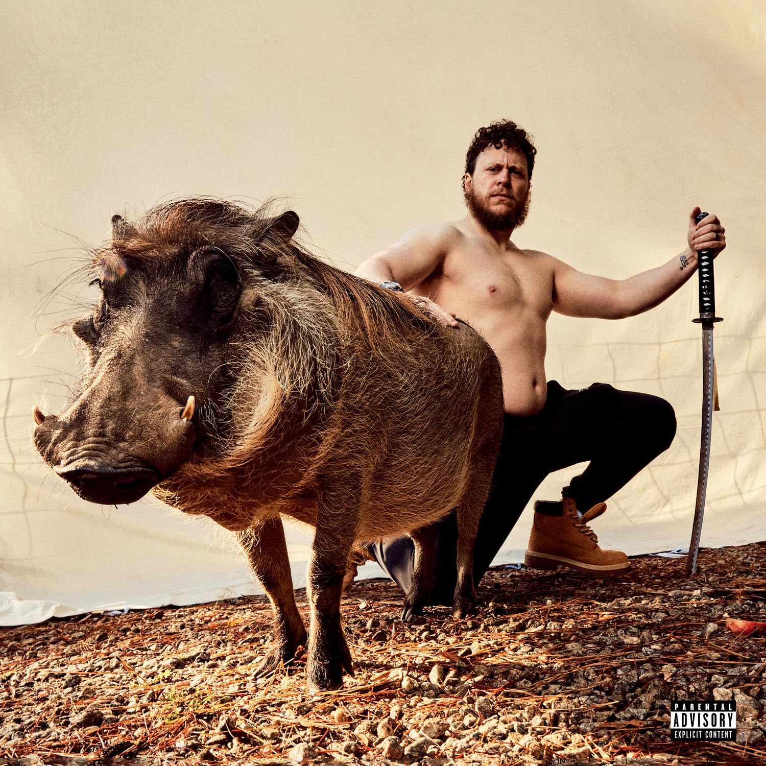 Man with beard and boar, holding swords, against a beige background.