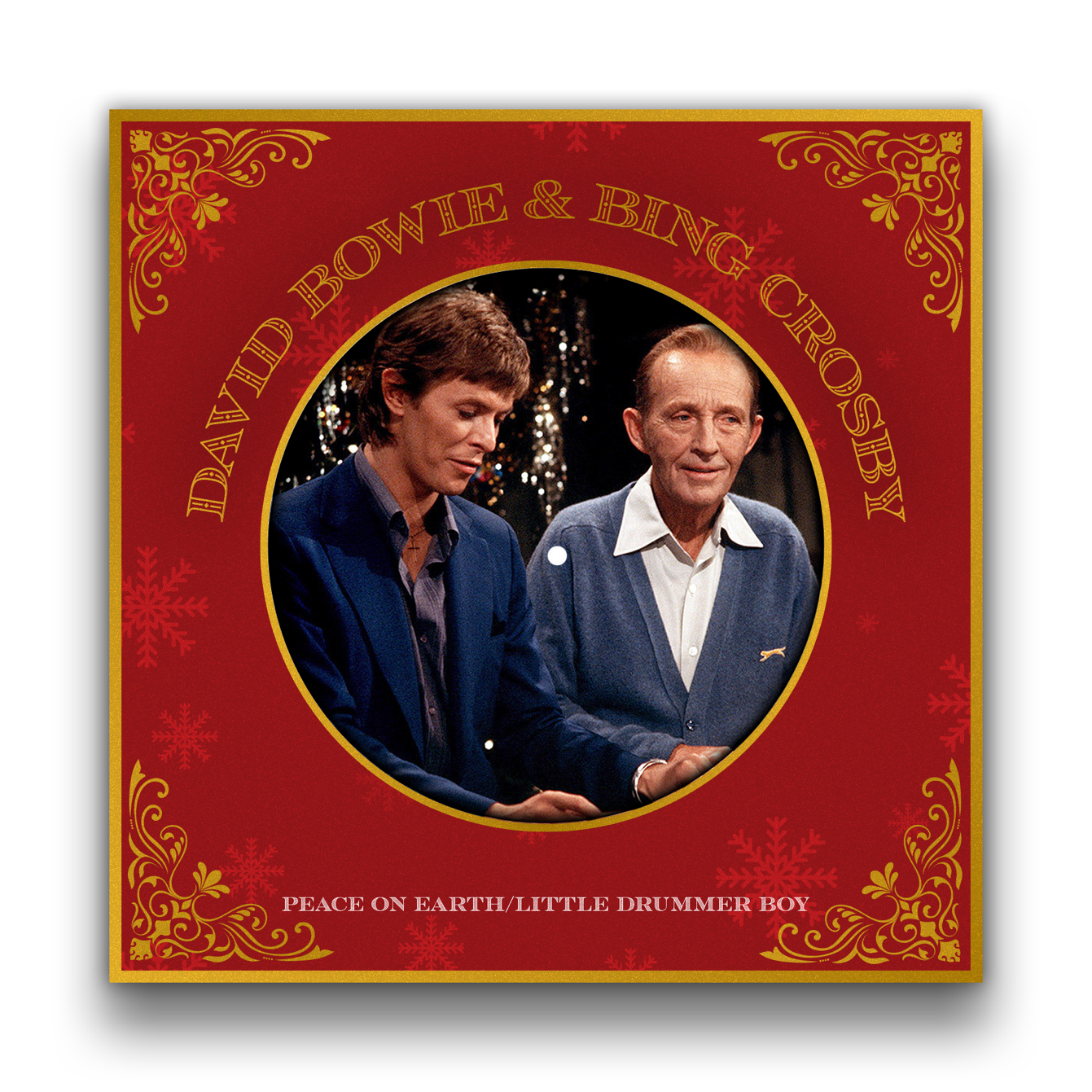 David Bowie and Bing Crosby portrait on a red and gold record cover.