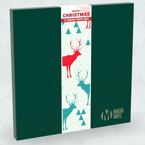 Dark green vinyl box with red and teal deer illustrations and "Merry Christmas" text.