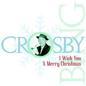 Bing Crosby portrait in a circle with snowflakes and festive text.