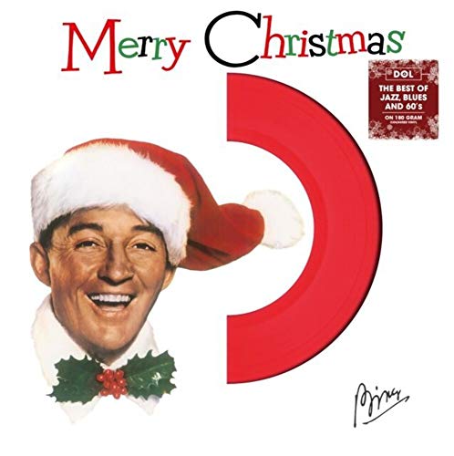 Bing Crosby wearing a Santa hat with a red vinyl record graphic overlay.
