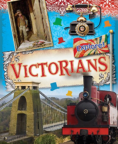 Victorian era imagery: bridge, train, portrait, and antique telephone.