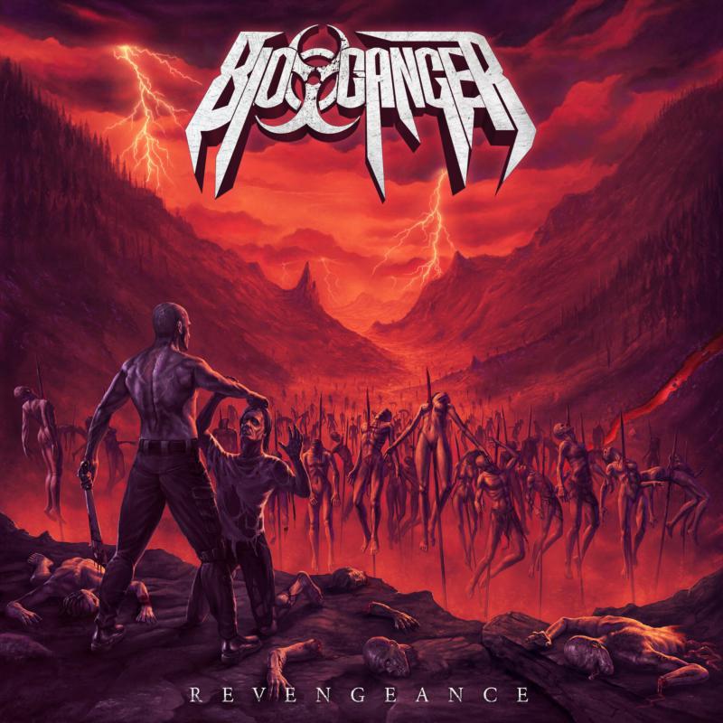 A figure stands over a field of impaled bodies under a dark red sky.