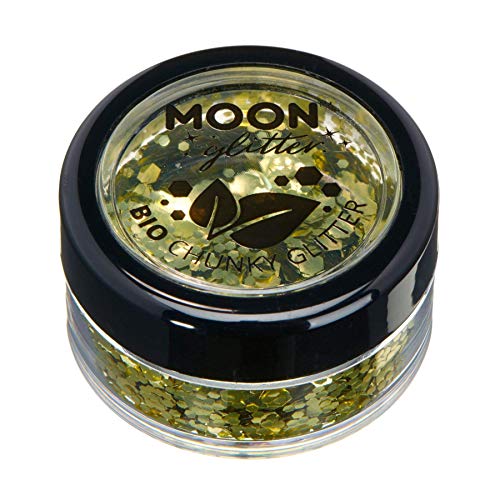 Small round container of gold chunky cosmetic glitter with a black lid.