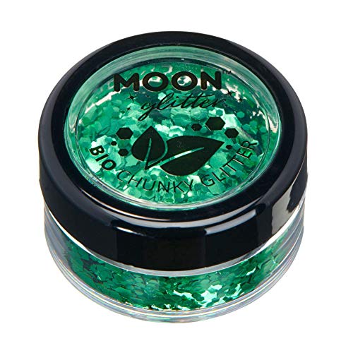 Small round container filled with chunky green cosmetic glitter and a black screw-top lid.