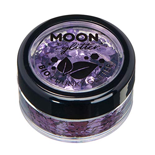 Small jar of lavender chunky cosmetic glitter with a black lid and logo.
