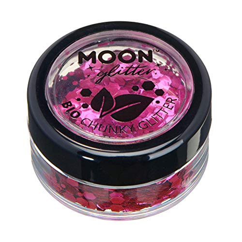 Small clear jar with a black lid filled with pink chunky cosmetic glitter.