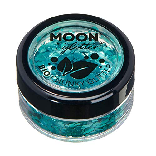 Small round container of turquoise chunky glitter with Moon Glitter branding on the lid.