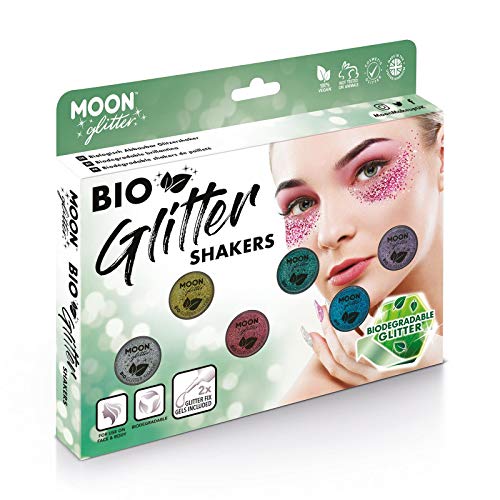Box of Moon Glitter biodegradable glitter shakers with a model’s face.