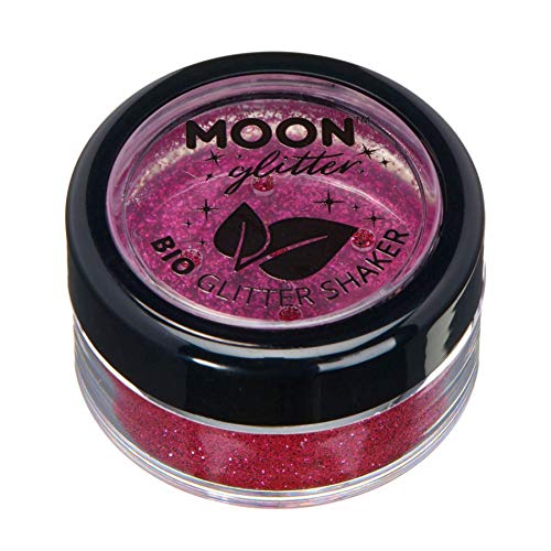A small, round, clear plastic jar filled with dark rose-colored cosmetic glitter.