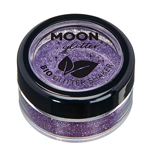 Small round container of lavender purple glitter with a black screw-on lid.