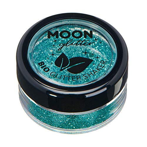 Small round container of turquoise cosmetic glitter with a black lid and logo.