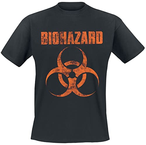 Black t-shirt with distressed orange biohazard symbol and text.