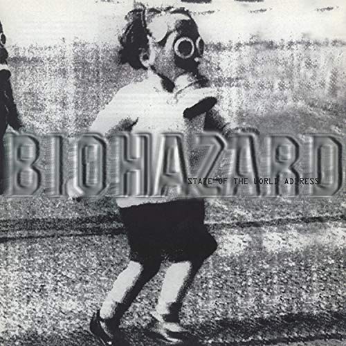 Black and white album cover featuring a child wearing a gas mask.