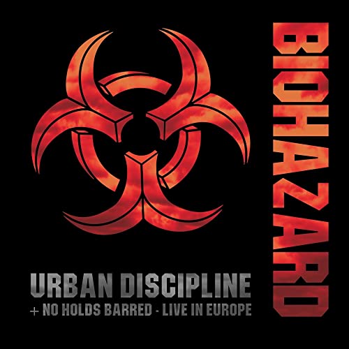 Biohazard album cover with red biohazard symbol and band name text.