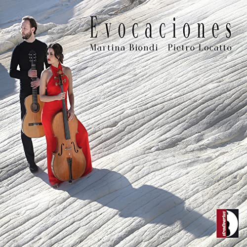 Musicians with guitar and cello stand on a textured, white landscape.